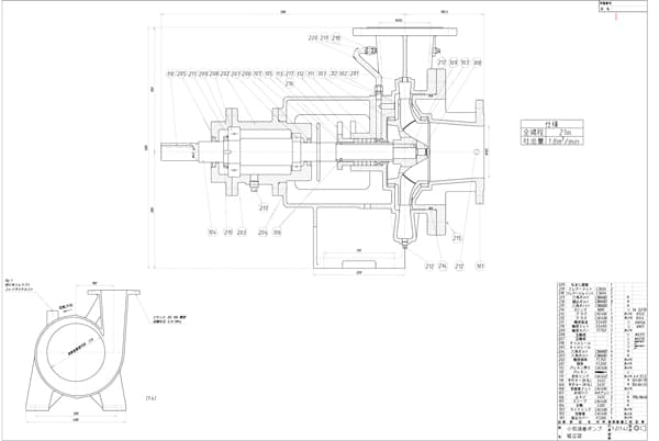 CADを使って製図した渦巻ポンプの設計図。