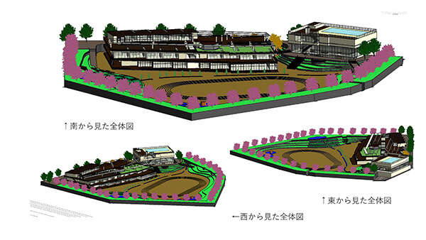 校舎は各教室にガラスの角を持たせる不規則な設計。図書室など内部に六角形を取り入れた。