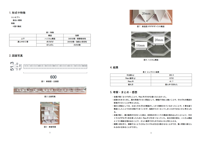 トラス構造やハニカム構造を組み合わせた梁を製作し、強度を検証した。