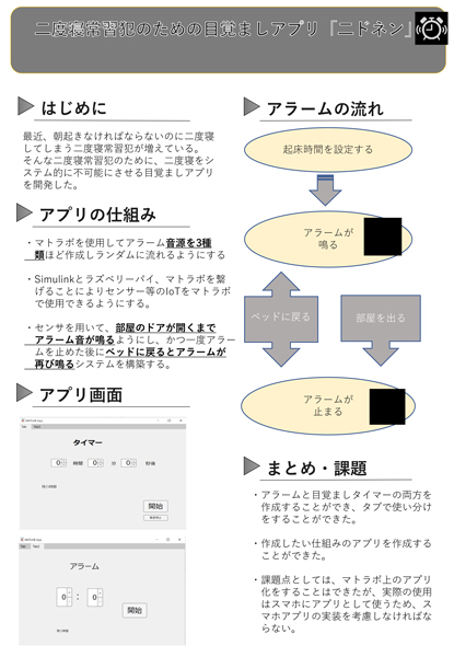 二度寝防止用アプリ「ニドネン」。友人はサウンド面を、自身はシステム面の制作を担当。