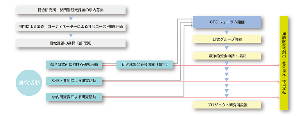 研究課題創出から社会還元までの流れ